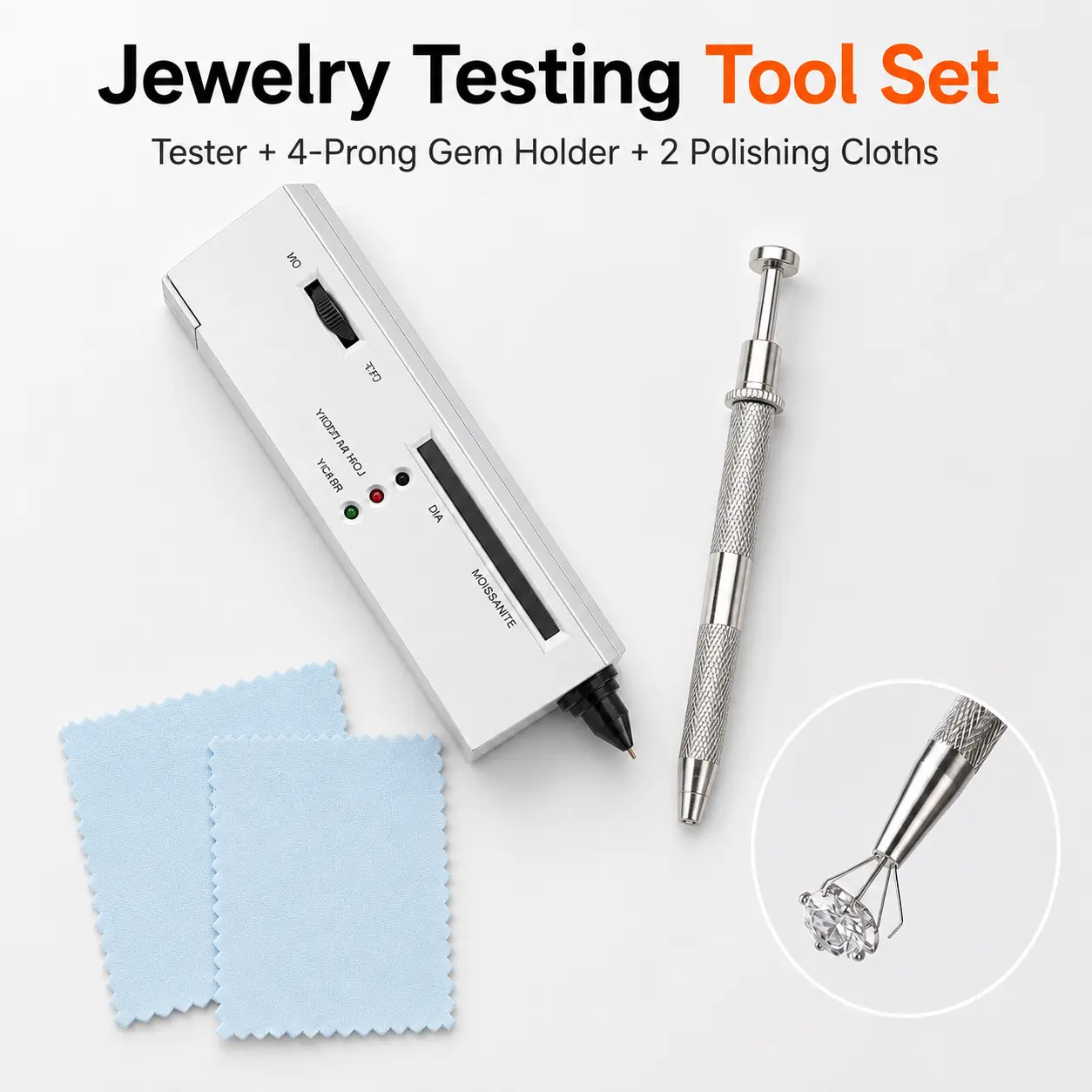 Diamond Sapphire Testing Kit, Gemstone Testing Tool Set, Including 4 Corner Gemstone Fixers And 2 Polishing Cloths, Suitable for Rings, Earrings And Necklaces. (Without Batteries)