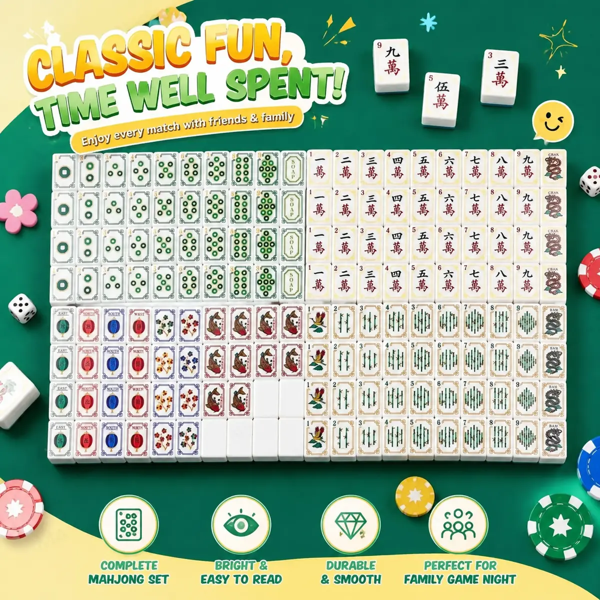 American Engraved Mahjong Set - 160 1.2in Hand-Polished Floral Art Tiles, Lightweight Durable Interactive Board Game, Aesthetic Home Decor, Luxury Gift for 10-12 Year-Olds, Family Bonding Game Night Indoor Fun, Interactive Board Games