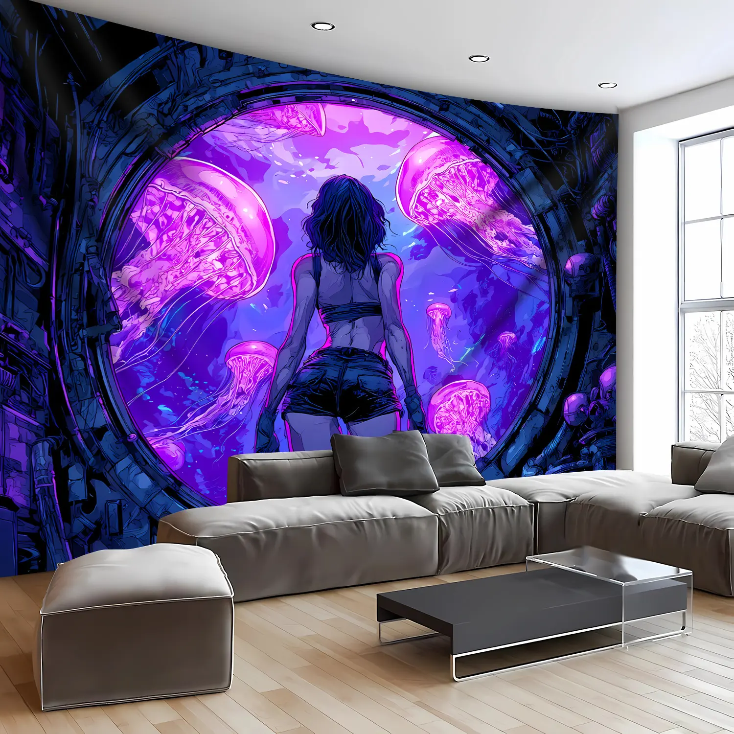 Luminous Glow-in-the-Dark Neon Jellyfish Wall Tapestry - Large Fluorescent Print, Premium Polyester, Wrinkle-Resistant Peach Light Beige Texture, Hand-Stitched Edges, No-Installation Hanging Decor Accessory for Bedroom, Apartment Decorating