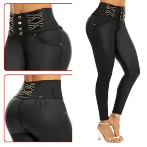 WO-0744 Colombian Leather Effect Jeans for Women - Bottom, Womenswear