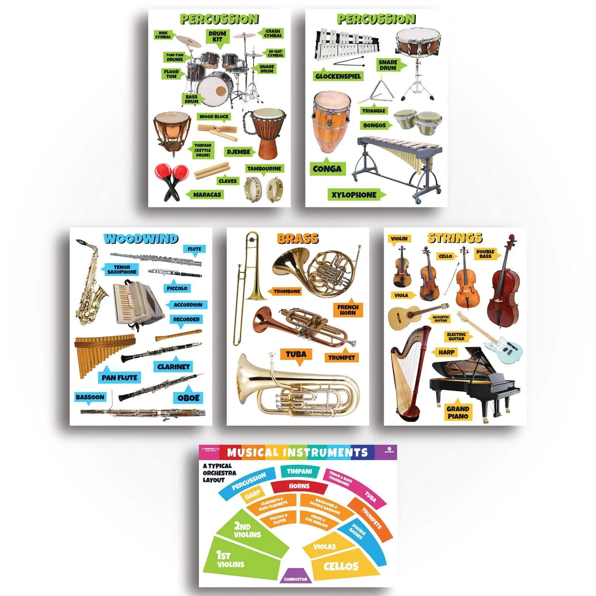 Sproutbrite 6 Music Posters for Classroom – 11.5"x16" Music Classroom Decor for Elementary, Middle and High School - Builds Understanding of Musical Instruments