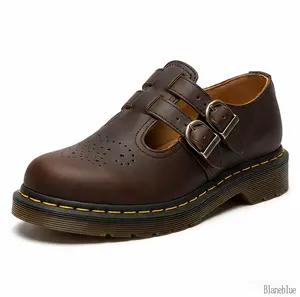 BlaneBlue Women's Brown Leather Mary Jane Shoes, Double Buckle Brogue Oxfords, Vintage Yellow Stitch Low Heel Casual Footwear