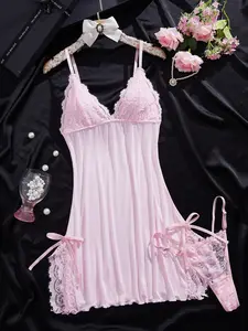 Women's Casual Home Set, Deep V Neck Sleeveless Backless Side Split Strap Dress, Soft Breathable Fabric, All Season Wear