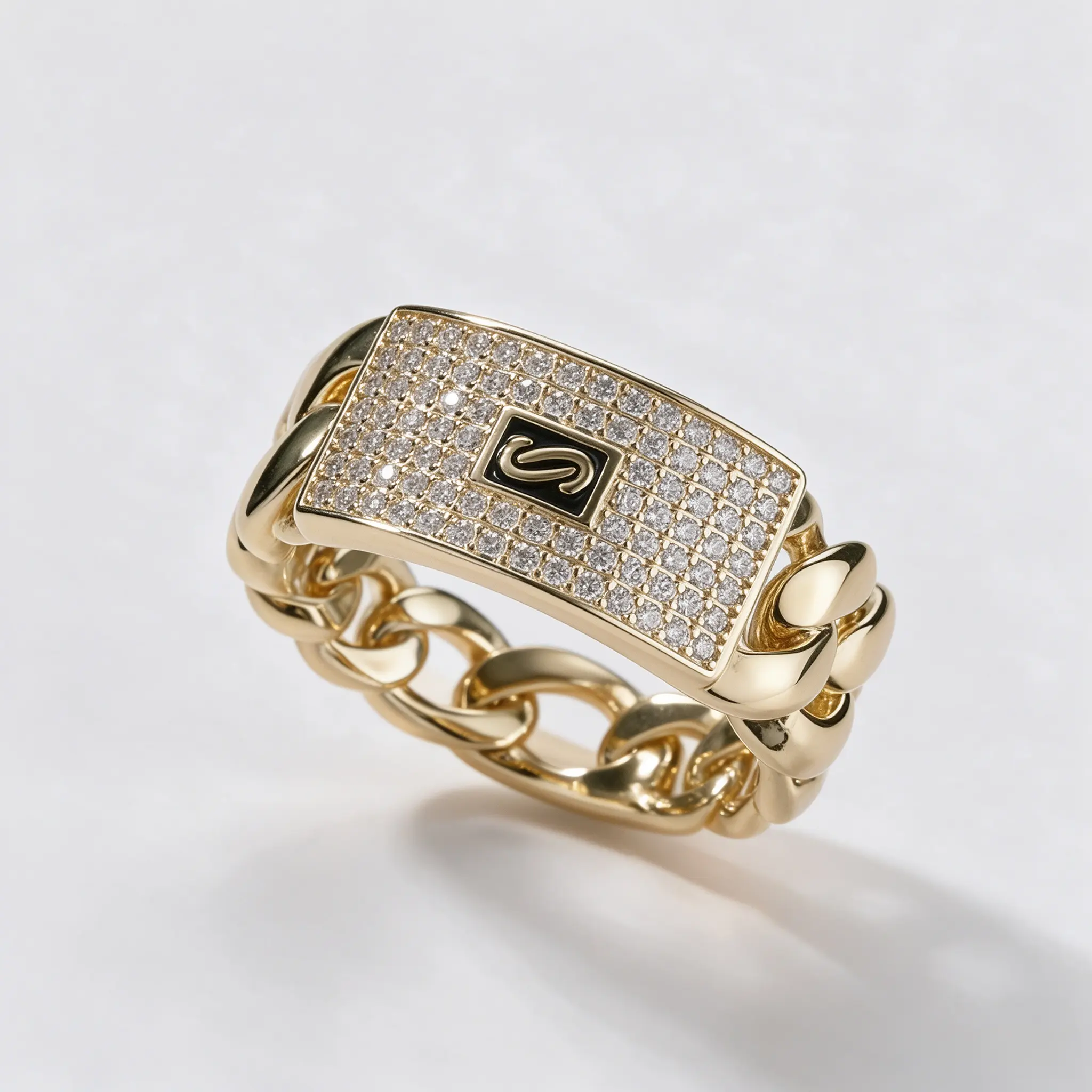 Unisex Exquisite Trendy 14K Gold Plated Wide Version Iced Out Cuban Link Initial "S" Ring | Zircon Accent Hip Hop Streetwear Jewelry, Luxury Niche Design, Everyday Wear, Gift Box Included