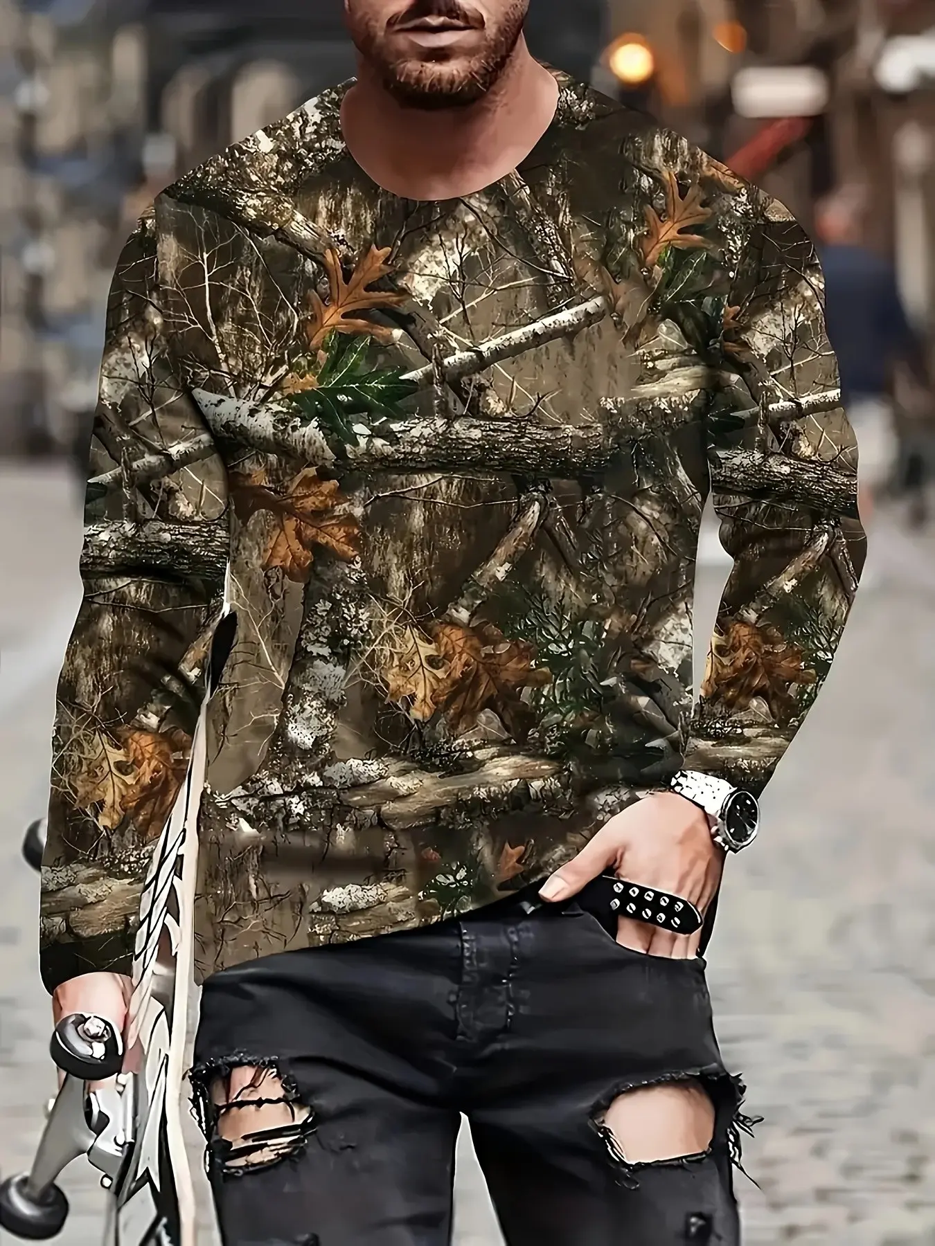 Men's Spring Fall Camo Graphic Print Long Sleeve Fitted T-Shirt, Casual Street Style Top, Casual Polyester Round Neck, Outdoor Inspired Design, Camouflage Forest Leaf Pattern, Casual Clothing, Camo Tees
