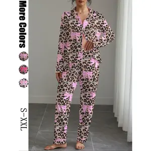 Women's Cute Bow Printed Pajama Set, Casual Slimming Long Sleeve Shirt and Elastic Pants, Soft Elastic Fabric, Suitable for All Seasons, Soft Casual SetRAIMENTRY