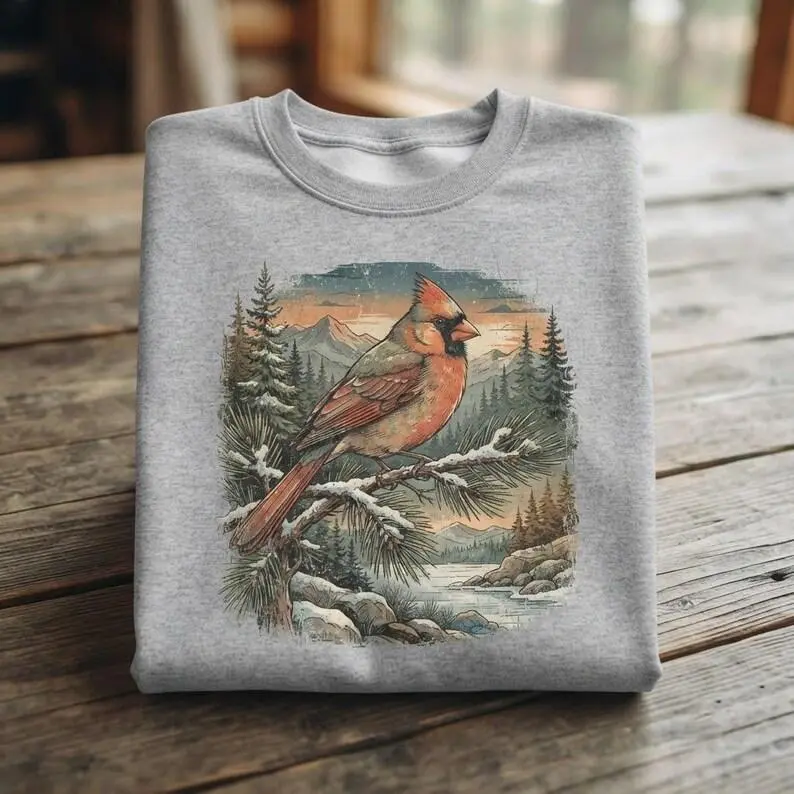 Vintage Shirt Cardinal Sweatshirt Red Bird Nature Winter Forest Retro Cottagecore Distressed Graphic Tee Oversized  Gift For Bird Lover