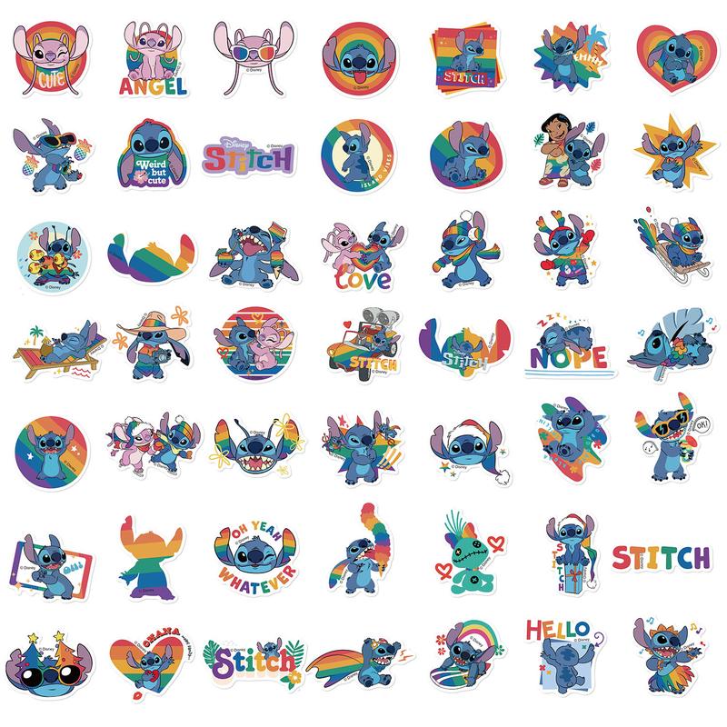 Disney Officially Licensed 50pcs Rainbow Stitch Vinyl Stickers Waterproof Classic Decals for DIY Projects & Gifts 1.57-2.76 Inches Multipurpose Use