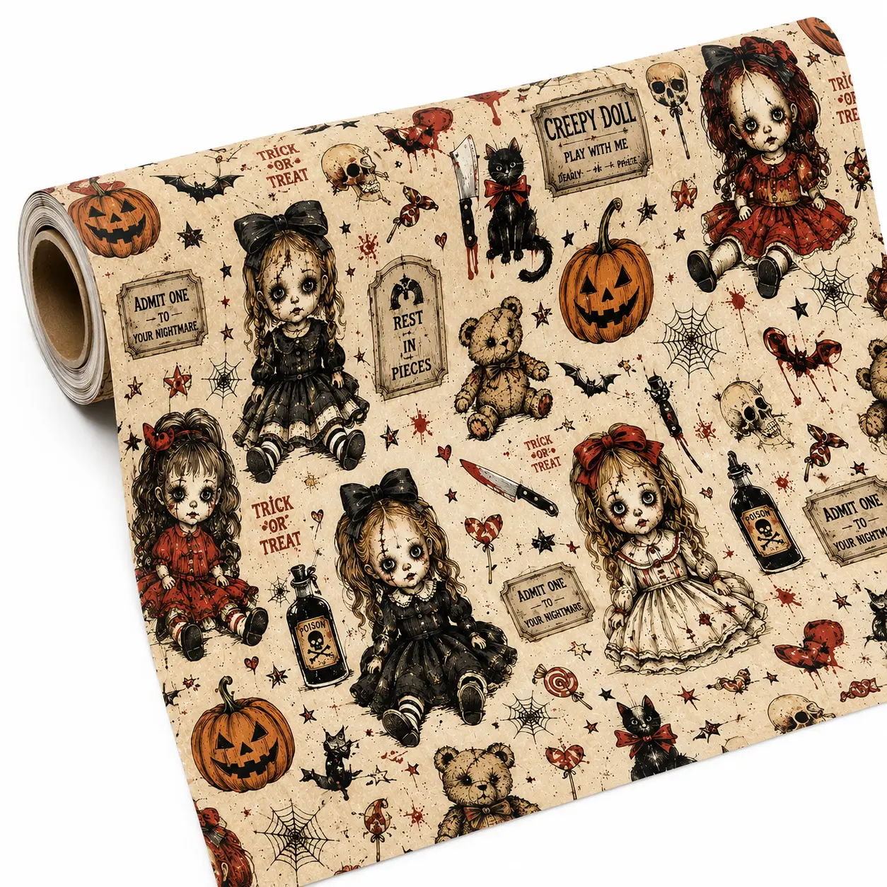 Halloween Gift Wrap Paper, Creepy Doll Wrapping Paper, Spooky Gift Wrap for Halloween Lovers