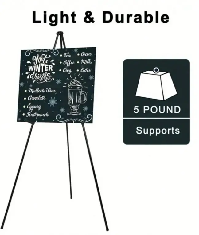 Black Metal Foldable Tripod Easel Stand - Lightweight, Portable, Easy Transport Display Holder for Event Organizers, Wedding Welcome Signs, Art Shows Artwork, Posters