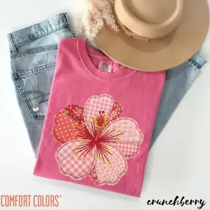 Print Comfort Colors Hibiscus Flower Faux Patchwork Shirt, Graphic Hibiscus Print Hawaii Vacation Beach Tshirt, Trendy Summer Gift For Her - TrendWear USA