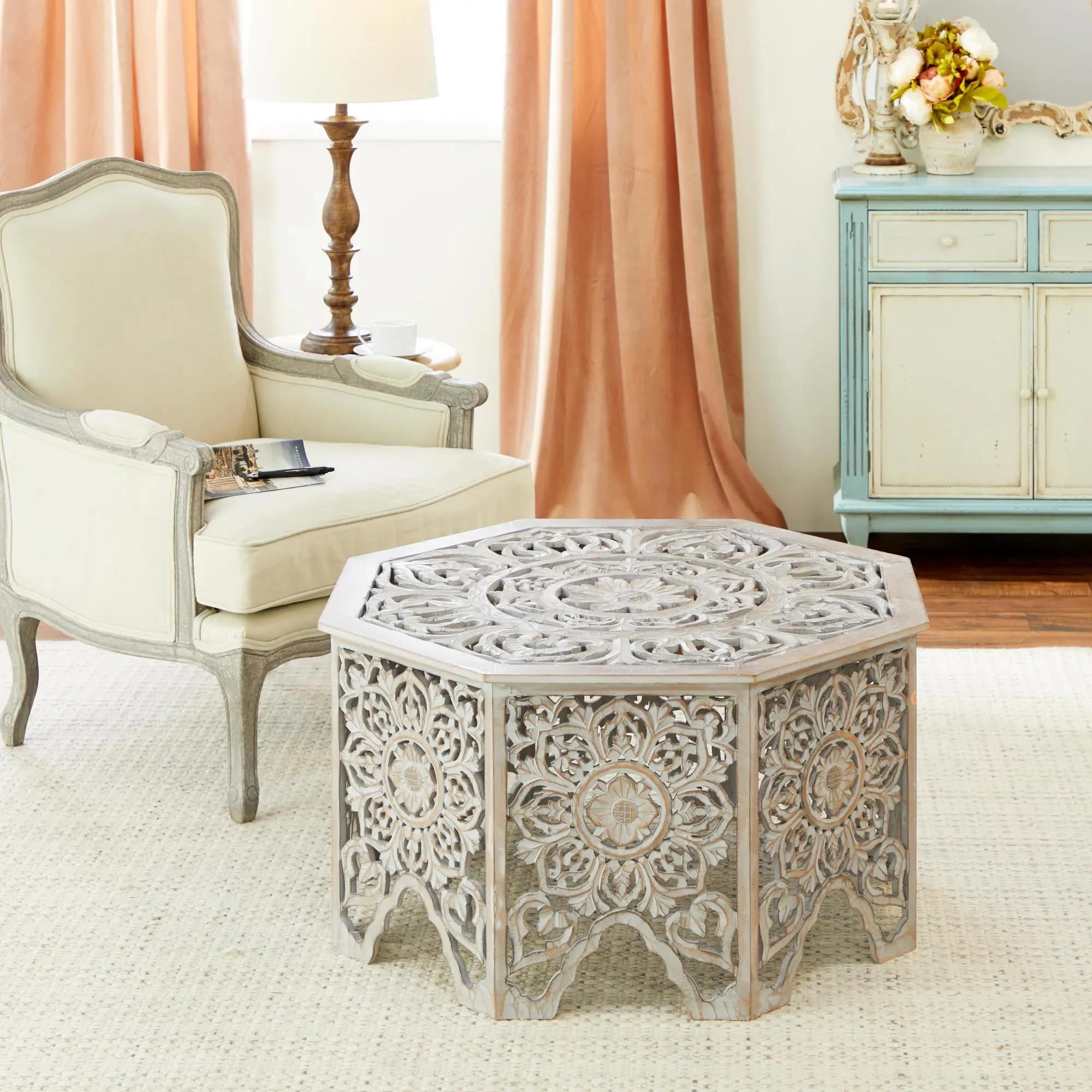 Eclectic Style Octagon 1-Piece Pine Coffee Table - Handmade, Intricately Carved, Floral Light Gray Wooden, Hollow Interior for Living Room, One-Piece