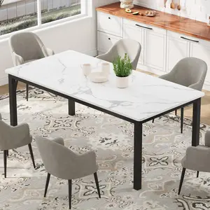 【GARVEE】70.8in Industrial Dining Table for 6 with Wooden Long Top and Mortise Tenon Design, Sturdy Metal Legs, White Faux Marble Finish, Ideal for Dining Room, Home Office, and Living Room