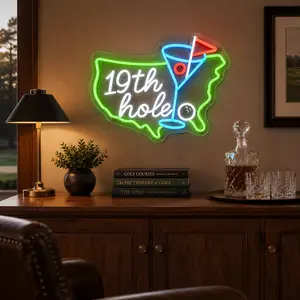 19th Hole Golf Neon Sign, USA Map LED Wall Light with Cocktail Glass and Golf Ball Design, Dimmable USB Powered Neon Wall Decor for Golf Lovers, Home Bar, Man Cave, Garage, Game Room, Clubhouse, Sports Room, Dad Husband Gift