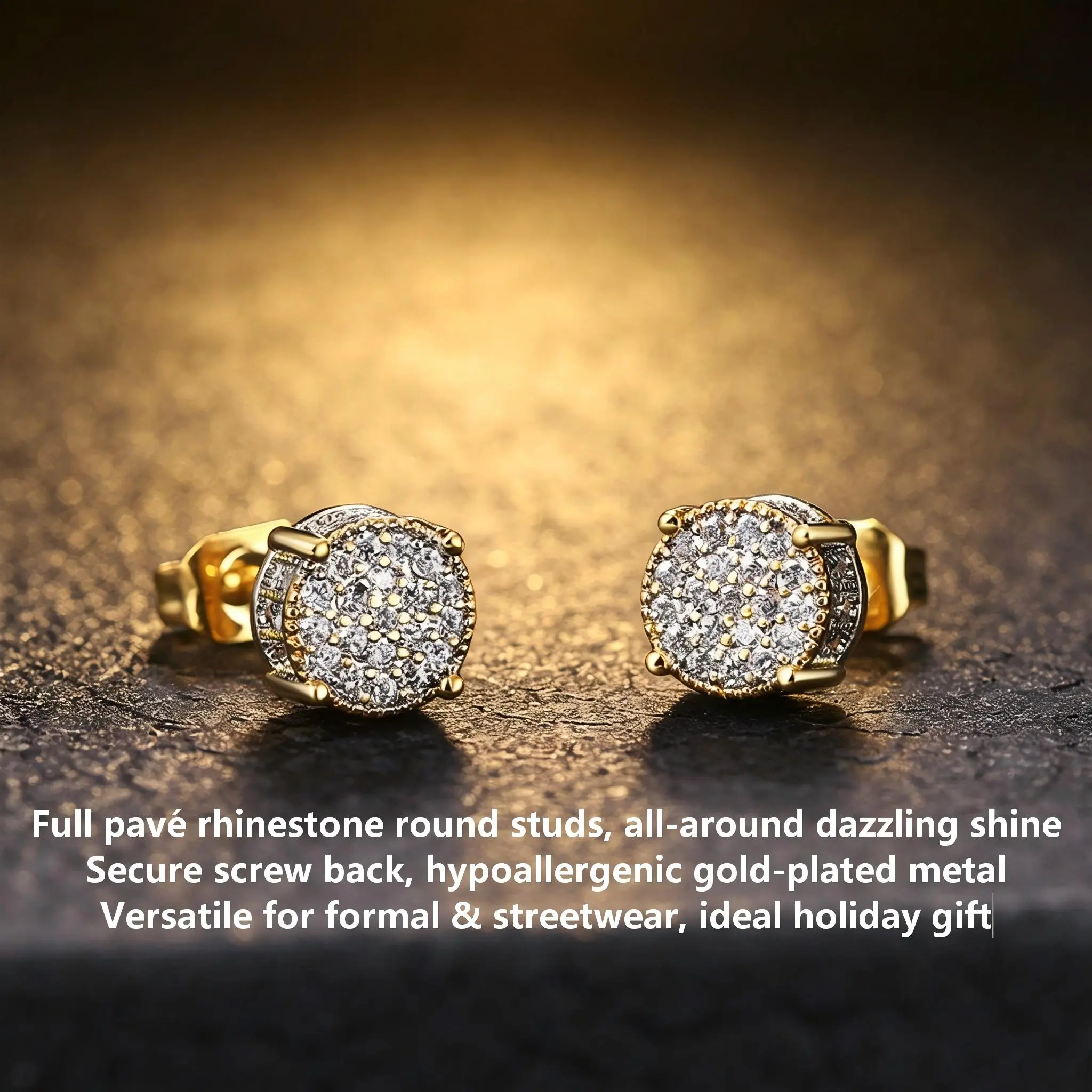 Women's 2-Piece 14K Gold Plated Round Paved Rhinestone Stud Earrings - 4-Corner Bezel Bling Screw Back, Accessories for Women, Daily Party Jewelry, Gifts campingessentials