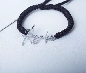 Custom Name Rope Bracelet - Adjustable Braided Cord with Personalized Metal Nameplate - Handmade Jewelry Gift for Men and Women - Couples Cute Gift
