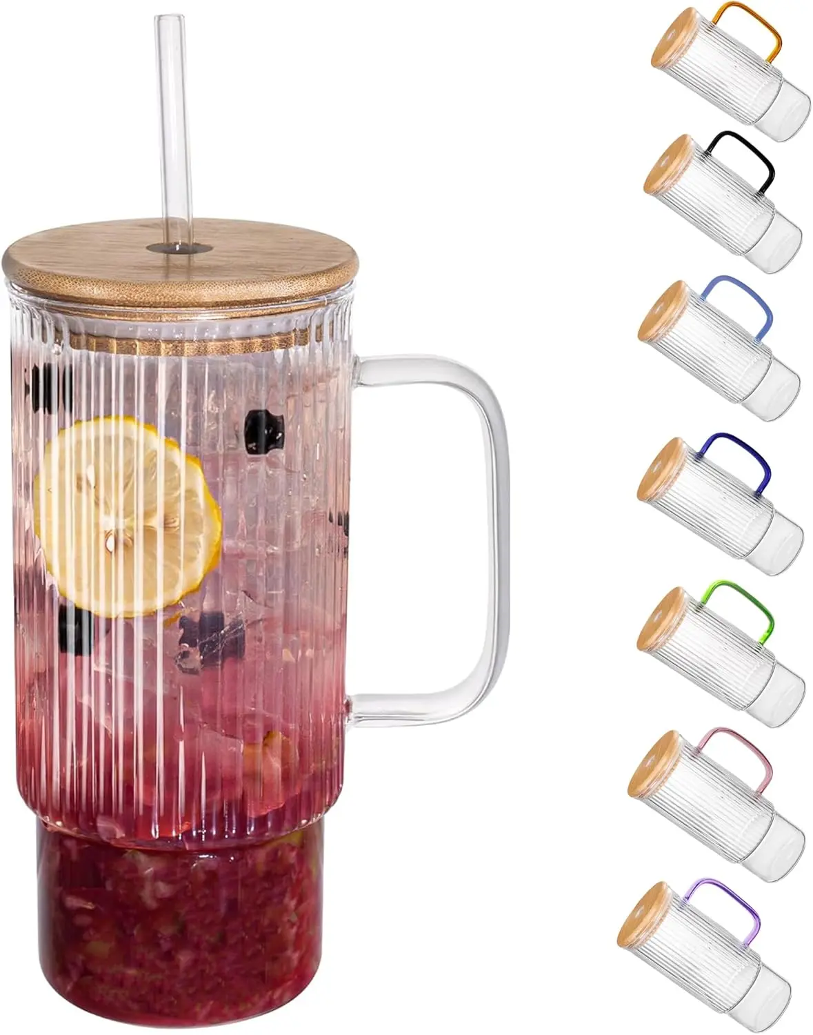 32oz Ribbed Glass Cup with Handle Bamboo Lid and Straw, Glass Tumbler, Iced Coffee Cups Hot/Cold Drinks