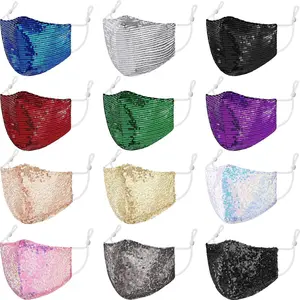 12-Pack Women's Glitter Sequin Face Masks - Glamorous Reusable Party & Masquerade Accessory with Adjustable Ear Loops, 12 Colors
