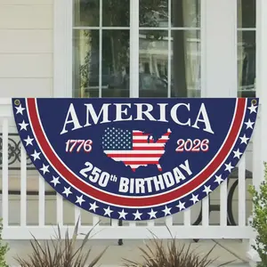 America 250th Birthday Semicircular Flag Banner, 1776–2026 Patriotic Polyester Bunting Flag, USA Independence Day Porch Decor Flag, Fourth Of July Patriotic Half Fan Flag Decoration For Porch Fence Yard