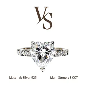 [Venus Jewelry] Synthetic Moissanite 3 CCT Heart Shape Luxury Thick Band Design VVS 1 D Color Solid Silver 925 Solitare Ring