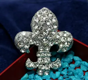 Antique Silver Clear Rhinestone Fleur De Lis Bridal Wedding Brooch, Crystal Silver Fleur De LIs Pendant, New Orleans Fleur De Lis Flower Pin