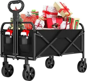 Festival Trolley on Wheels, 220L Folding Trolley Cart Wagon, Camping Trolley with 360° All-Terrain Wide Wheels and Adjustable Handle & Side Pocket for Garden Trolley,Beach Trolley, Shopping Trolley