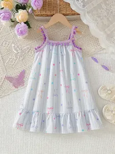 Girls' Casual Butterfly Knot Striped Polka Dot Dress, Soft Comfortable Woven Fabric with Ruffles and Pom Poms, Ideal for Outdoor Spring Summer Wear