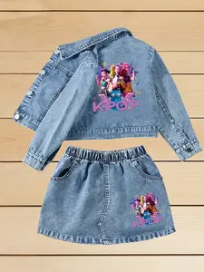 Girls' Cartoon Print Denim Jacket and Short Skirt Set, 1-8 Years, ideal gift for girls, popular Fashion Kpop Inspired girls Hunter Design, Spring & Fall&summer, Stylish Holiday Outfits for Kids Spring Break Vibes