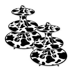 2 Set 3-Tier Farm Animal Cow Print Round Cardboard Cupcake Stand for 24 Cupcakes Perfect for Kids Farm Cow Theme Birthday Parties Decorations Baby Shower Decor Cow Print Party Supplies
