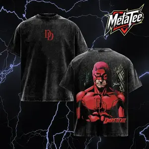 Vintage Washed Comic Superhero Graphic Tee Inspired by Daredevil Design, Retro Streetwear Oversized Cotton T-Shirt, Classic Hero Graphic Shirt for Men Women, Cool Comic Fan Tee