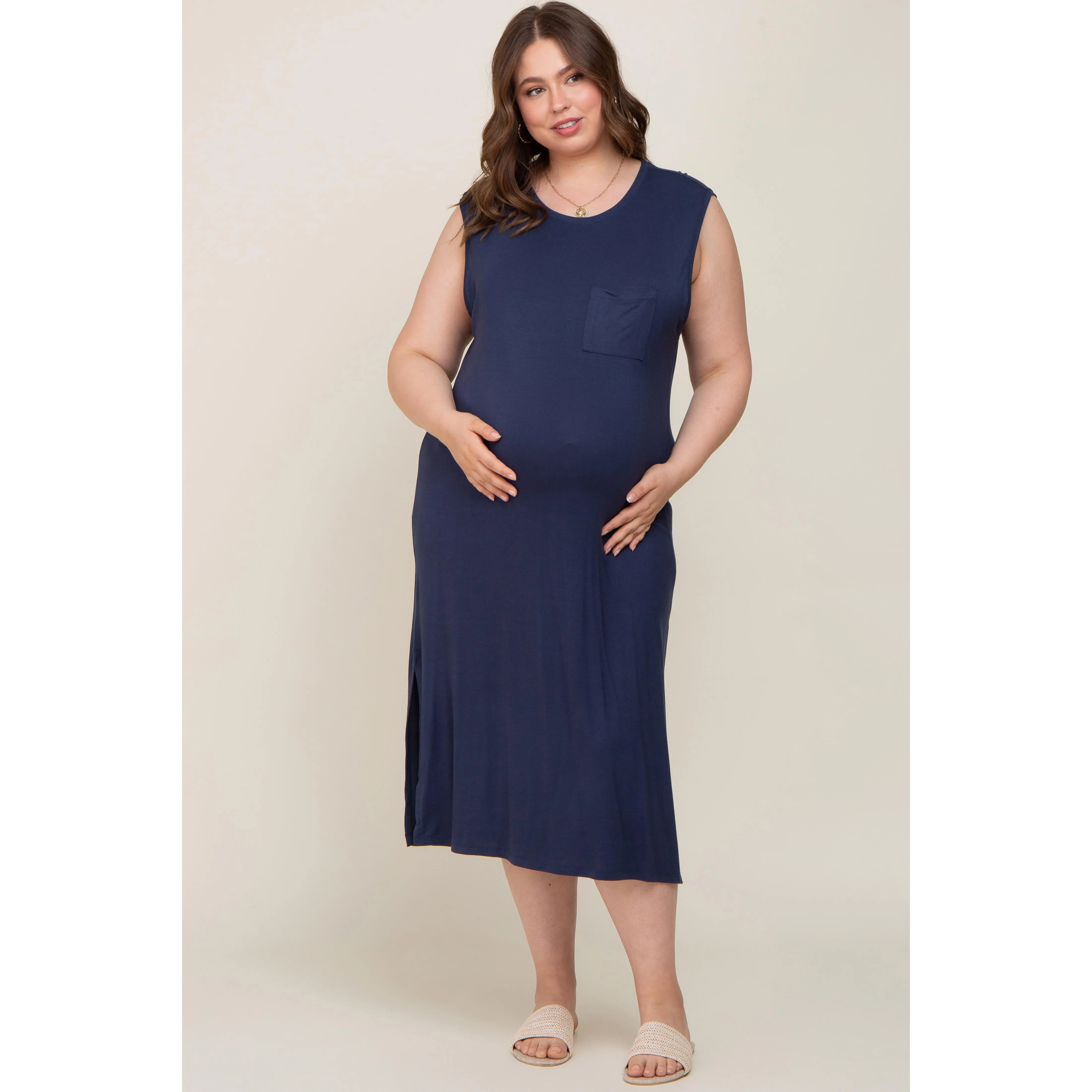Navy Sleeveless Front Pocket Maternity Plus Midi Dress, Maternity Dresses, Midi Length, Maternity Clothes, Pockets