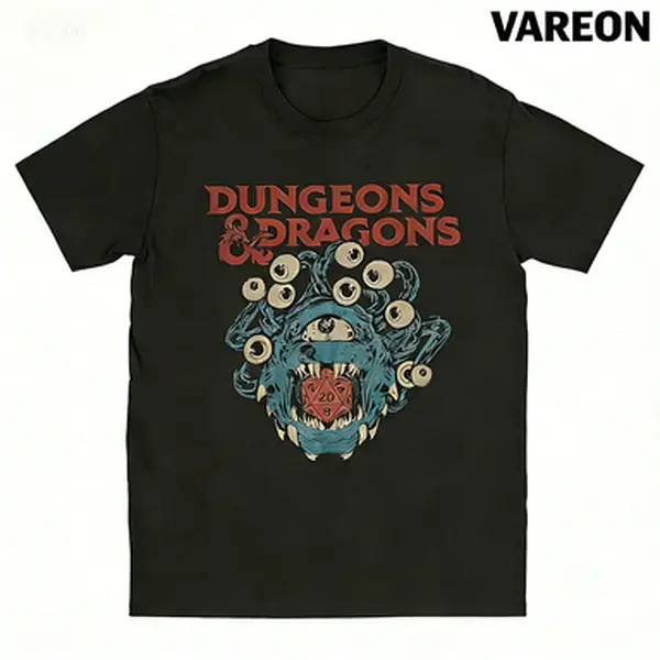 Men's Graphic T-Shirt, Vintage D&D Beholder & D20 Dice Print, Casual Soft Cotton Round Neck, Lightweight for All Seasons Tabletop RPG Gaming, Shortsleeve, Smooth, Breathable Soft, Vintage Retro, Cute, Classic, Fabric, Menswear, Tshirt, Short Sleeve