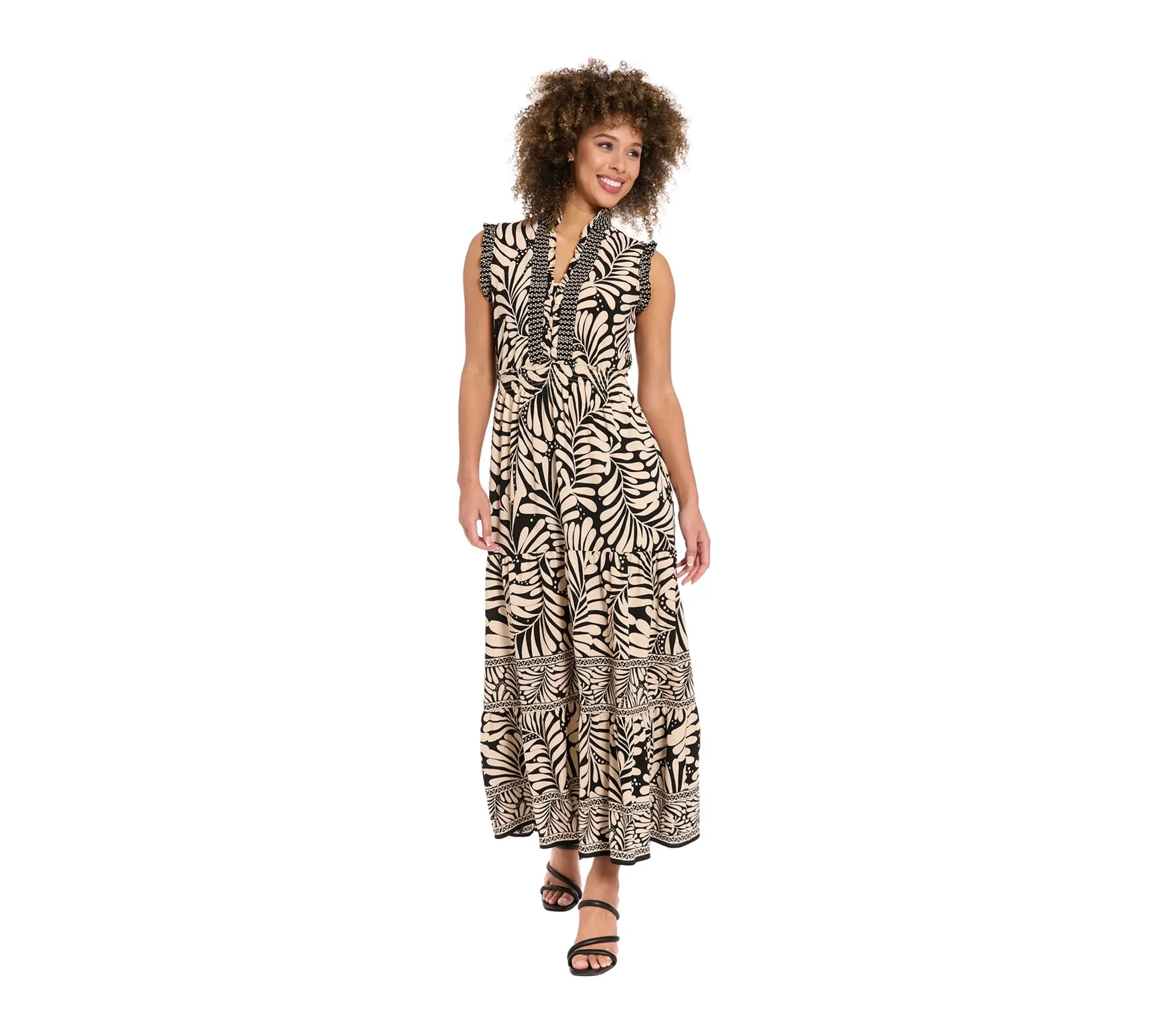 London Times Ruffle Neck and Smocked Waist Tiered Maxi Dress