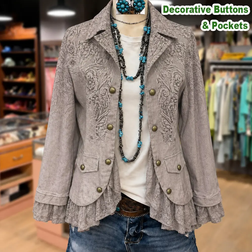 Cherrybetty 100%Cotton Retro Floral Print Lace Patch Jacket Womenswear Casual Coats Chic Everyday Style Vintage Long Sleeve Decorative Buttons & Pockets