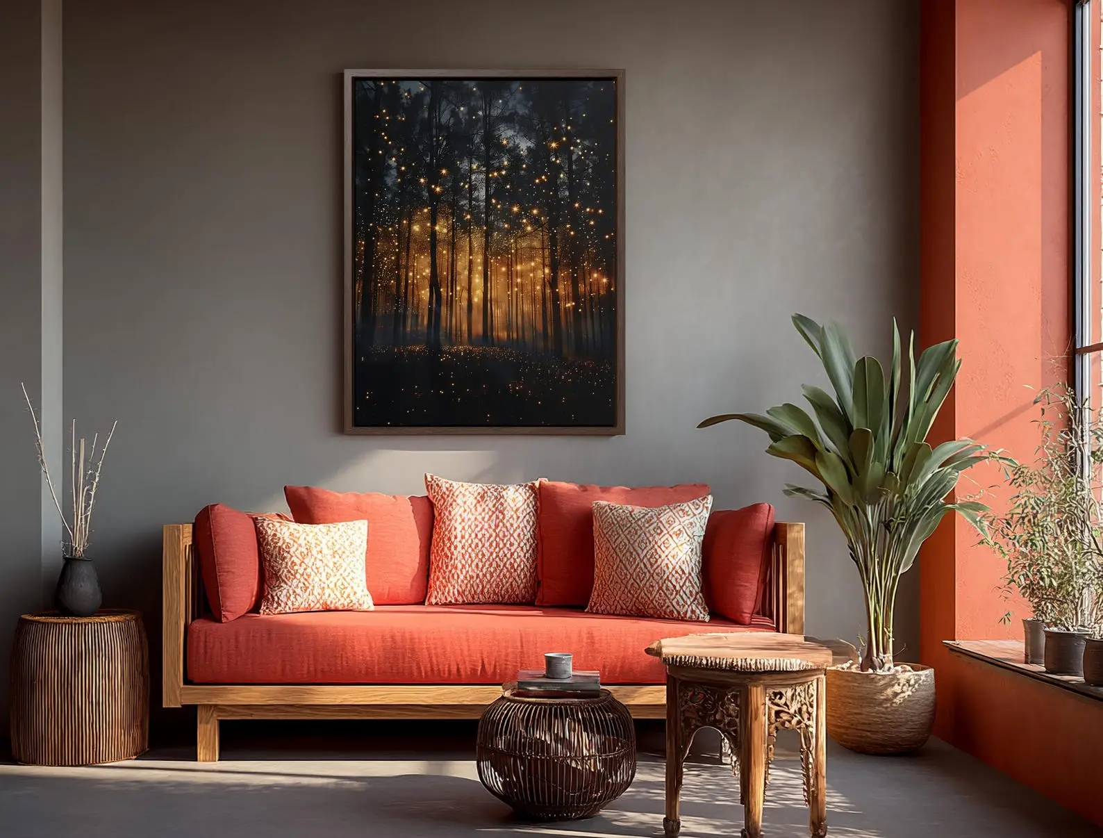 [UNFRAMED POSTER] Enchanted Forest Firefly Art Print - Botanical Wall Art, Landscape Canvas Decoration, Artful Nature Fireflies Decor
