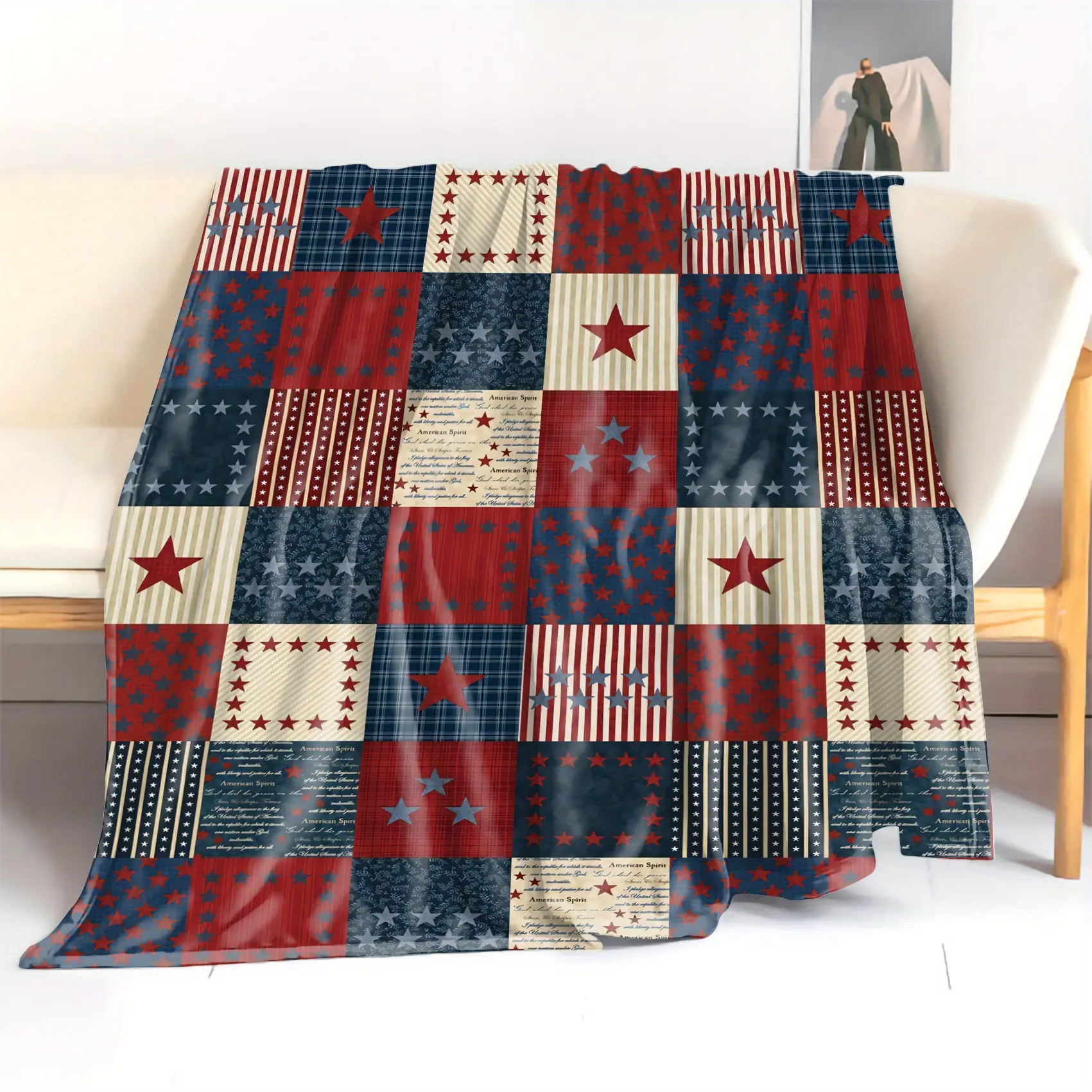 1pc Single American Flags Patriotic Patchwork Quilt - Red White & Blue Stars-Stripes Design, 30*40 Inch All-Season Polyester Blend Throw, for Home Decoration, Camping