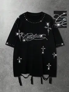 Men's Street Style American Cross Embroidered Hem Short Sleeve Graphic T-Shirt, Loose Fit Comfortable Casual Fashion Streetwear Tee for All Seasons