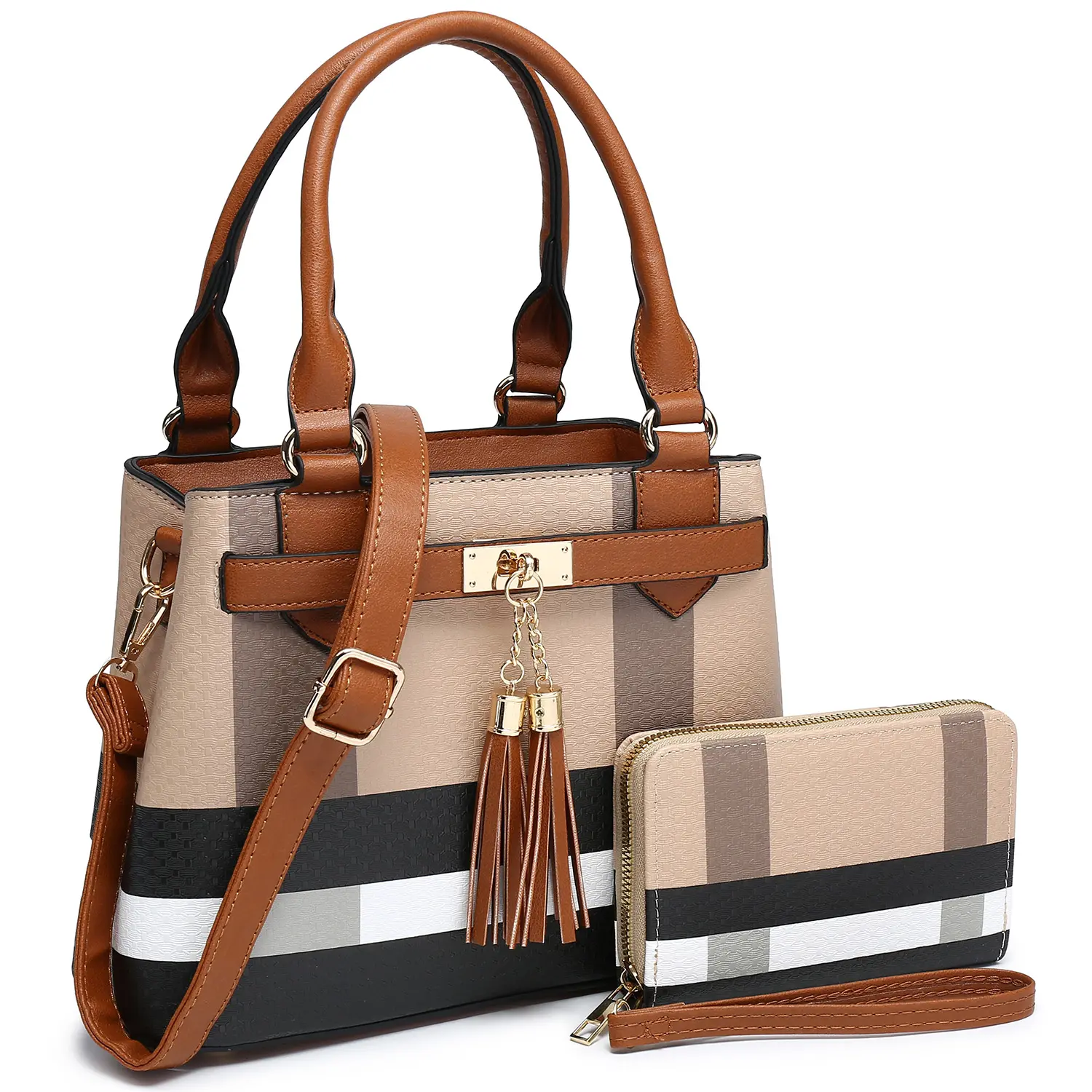 Brown Multicolor Block Crossbody Bag with Wallet Set - Stylish Versatile Design for Everyday Use & Hands-Free Carrying