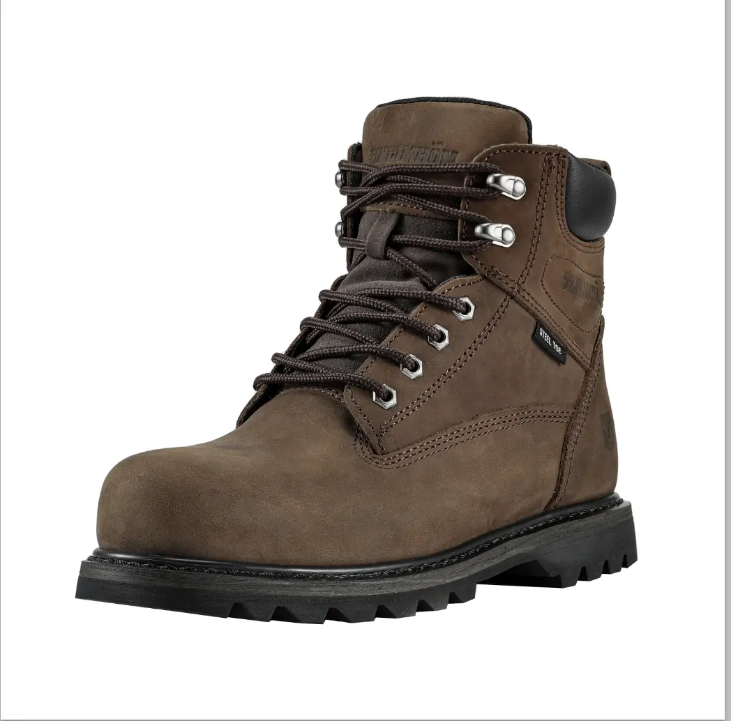 TINLIMHOM Men's 6" Steel Toe Brown Work Boots, Water-Resistant Leather, Oil-Slip Resistant, Lightweight Walking Shoes, Comfortable Work & Safety Footwear for Construction, Warehouse