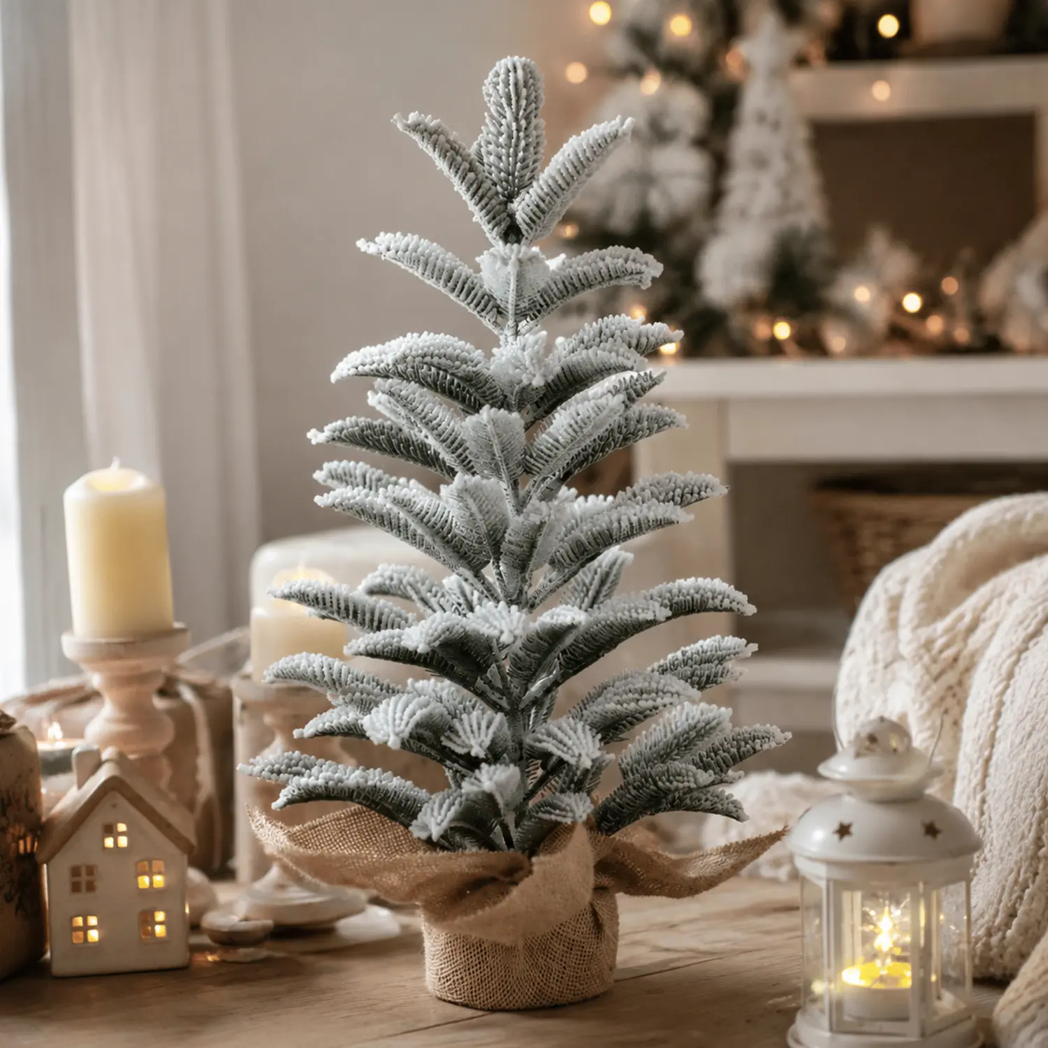 2FT Flocked Mini Artificial Christmas Tree, Tabletop Small Xmas Tree with 100% PE Branches, Burlap-Wrapped Base, Festive Decoration for Home Office