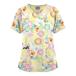 Citrus Fruit Print Scrub Top | Bright & Fun Nursing Uniform for Nurses & Caregivers