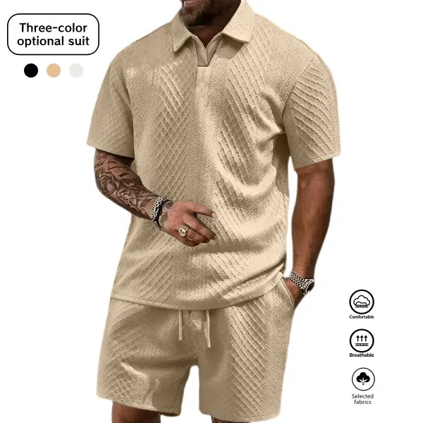 Chic Men's 2-Piece Polo Shirt Set, Diamond Jacquard Casual Outfit with Breathable Design for Street Style and Beach Wear, Blouse/Shirt, Clothes, Menswear, Matching, Smooth, Soft, Textured, Elastic, Shortsleeve, Fabric, Stylish, Polyester, Loose, Collared