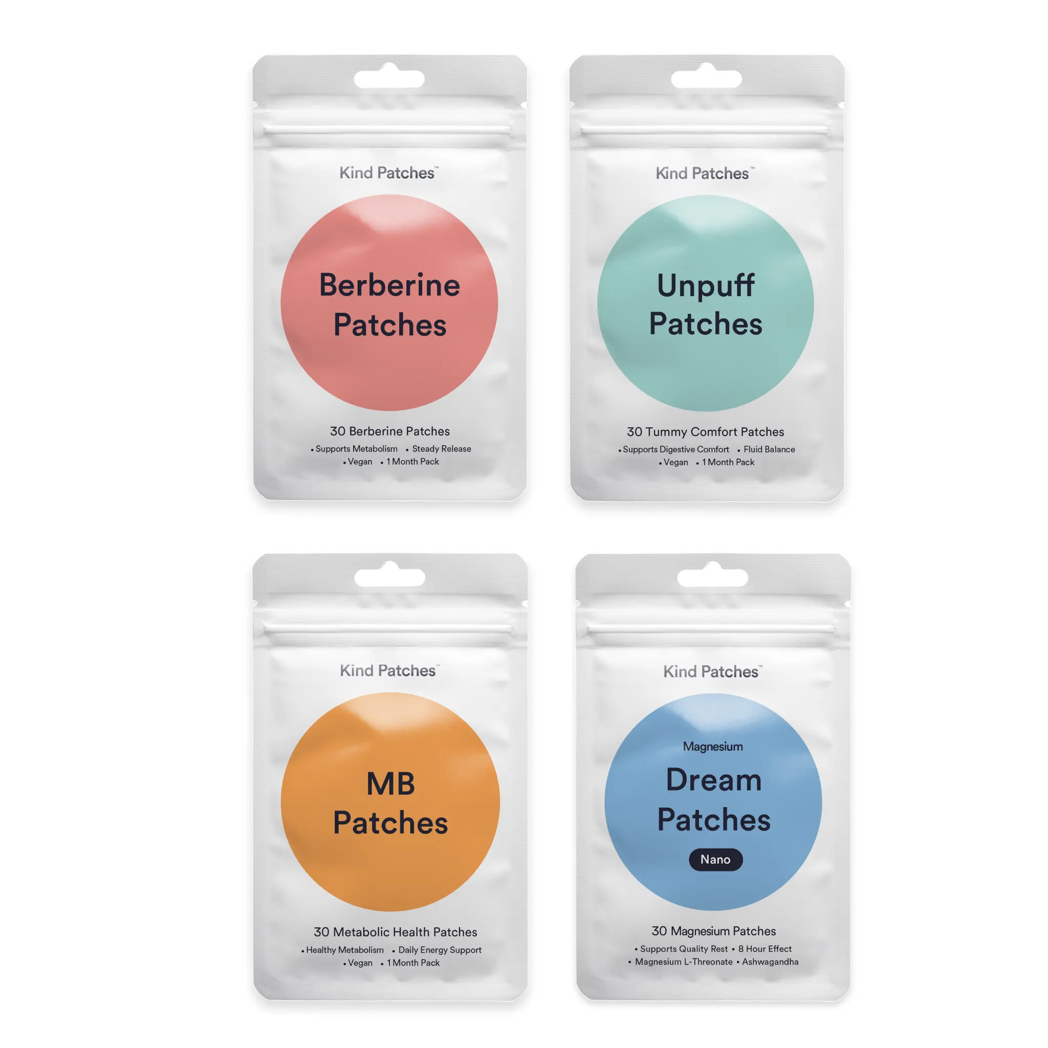 Kind Patches Overnight Bundle: Berberine Patches + Unpuff Patches + MB Patches + Dream Magnesium Patches, Metabolic Support, Digestive Comfort, Fluid Balance, Daily Energy Support, Quality Rest, Natural Ingredients