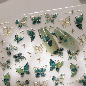 Elegant Blue- Glitter Butterfly Nail Art Stickers M547, New Oriental Jade Style Design, Perfect for Manicure Enhancements