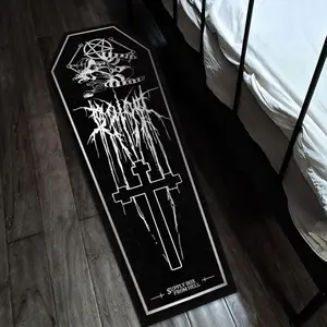 Dark Gothic Coffin Carpet, Metal Rock Style Halloween Home Decor Rug, Cool Reflective Fabric, Durable Short Pile, Easy to Clean