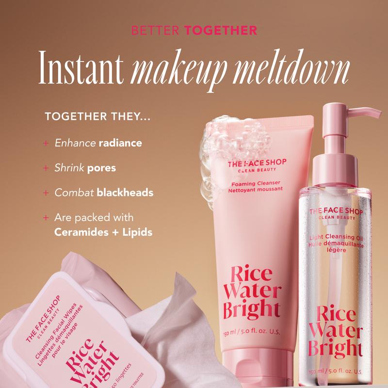 [THE FACE SHOP] Rice Water Bright Double Cleansing Trial Set - Deep-Clean Foam Cleanser + Mini Cleansing Oil Set for Makeup Removal & Pore Purifying l Korean Skincare