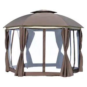 Outsunny 12' x 12' Round Outdoor Gazebo, Patio Dome Gazebo Canopy Shelter with Double Roof, Netting Sidewalls and Curtains, Zippered Doors, Strong Steel Frame, Brown instant gazebo sun