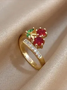 Cute Sweet Cherry Open Ring, Adjustable Cubic Zirconia Ring for Women, Fashionable Daily Party Vacation Jewelry, Open Adjustable Rings