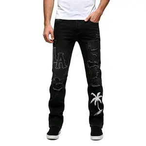 Men's Slim Fit Ripped Straight Leg Jeans - Black ripped jeans with embroidery and fabric patchwork design - Non-stretch polyester blend, mid-rise, machine washable, street casual style trousers. Perfect gift for Halloween, Thanksgiving, and Christmas. Str
