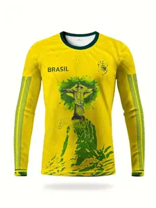 Brazil Special Edition Men's Football Long Sleeve Jersey Soccer Jersey & Rio Style Round Neck Comfortable Sport Shirt, Casual Fall Winter Wear